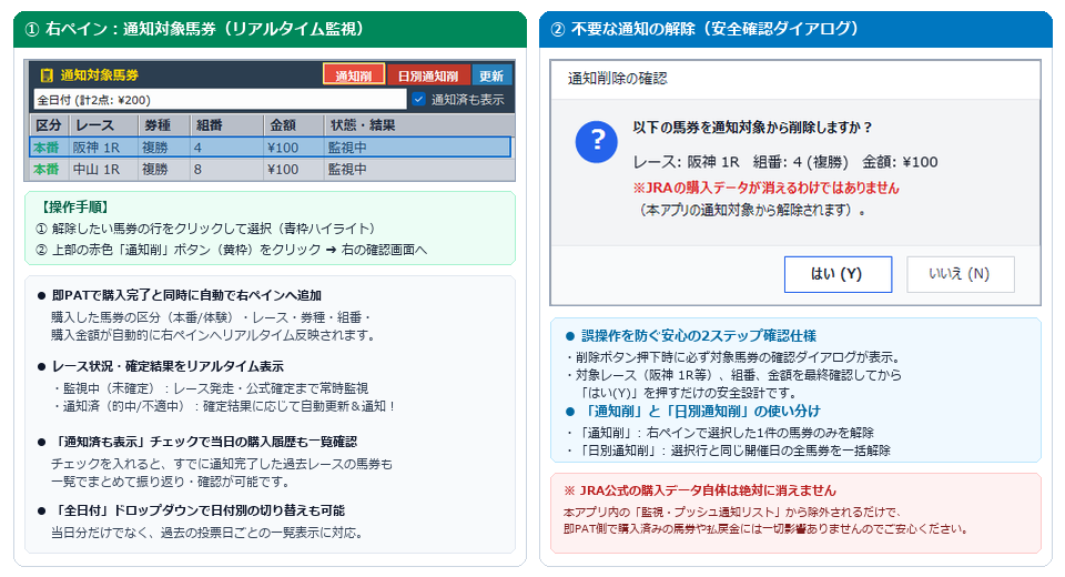 右ペインの通知対象馬券エリア確認・通知削除の手順